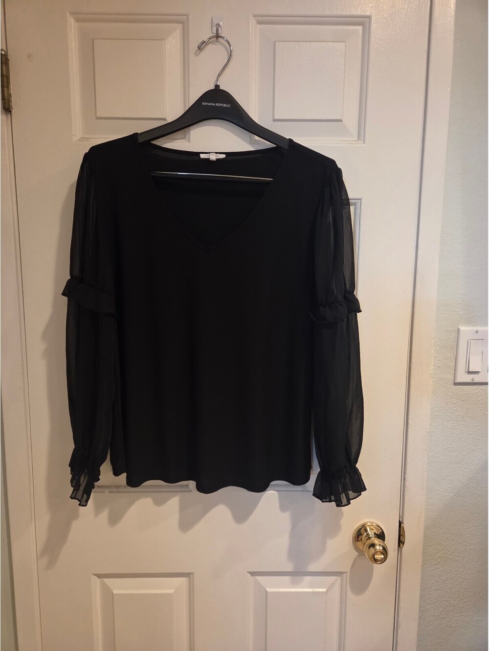Maurices Black V-Neck Blouse with Sheer Sleeves XL